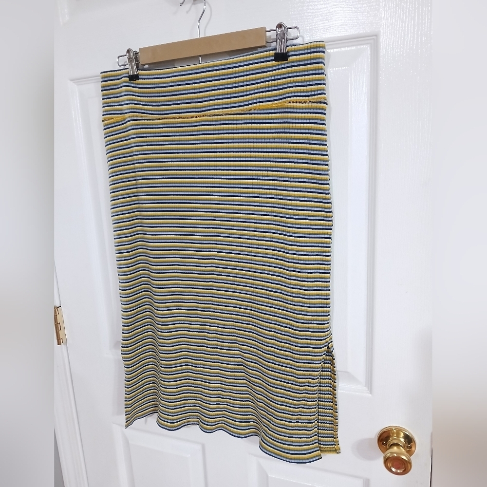 Aerie Yellow and Blue Striped Ribbed Knit Textured Midi Pencil Skirt Vacation - Picture 2 of 7